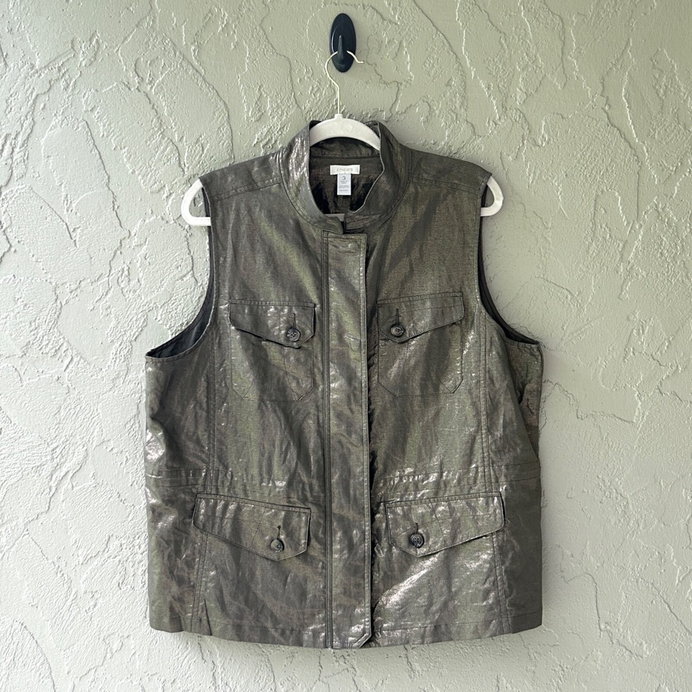 Chico's Women's Size 3 Gold Metallic XL Linen Blend Zip Front Vest Jacket NWOT